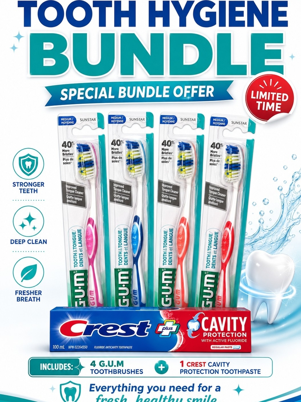 💙 5 Pcs Bundle - GUM Toothbrush 4-Pack with Crest Cavity Protection Toothpaste